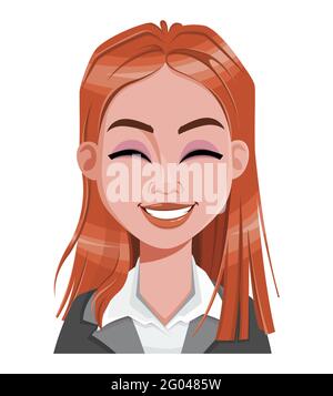 Espressione facciale di bella donna rossa, ridendo. Emozione femminile. Carino personaggio cartoon in stile piatto. Utilizzabile per avatar, emoticon ecc. Vector il Illustrazione Vettoriale