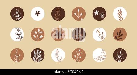 Social media trendy con copertina rotonda, storie e post sui social network, app per dispositivi mobili, design. Icone modello con elementi a doodle floreali. Set di Illustrazione Vettoriale