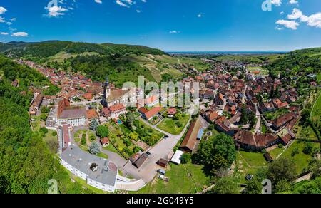 Vista panoramica del meraviglioso villaggio Andlau in Alsazia. Pendii con uva matura. Splendida vista sulle montagne dei Vosgi. Idillio e grazia Foto Stock