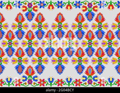 Luminoso ornamento floreale su sfondo grigio in stile popolare. Ripetizioni senza giunture. Illustrazione Vettoriale