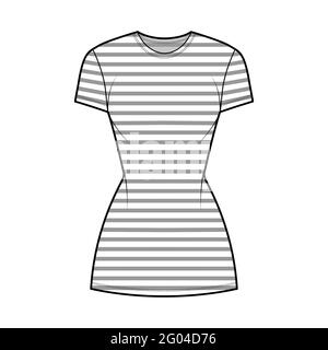 Abito marinaio tecnico illustrazione moda con strisce, maniche corte, corpo montato, mini lunghezza gonna a matita. Parte anteriore dell'abbigliamento piatto, colore bianco. Donne, uomini unisex CAD mockup Illustrazione Vettoriale