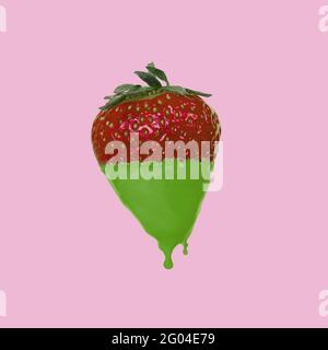 Concetto minimal realizzato con gocce di fragola con vernice verde su sfondo rosa. Composizione creativa del cibo estivo. Foto Stock