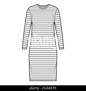 Abito marinaio illustrazione tecnica moda con strisce, maniche lunghe, corpo oversize, ginocchio lunghezza gonna a matita. Parte anteriore dell'abbigliamento piatto, colore bianco. Donne, uomini unisex CAD mockup Illustrazione Vettoriale