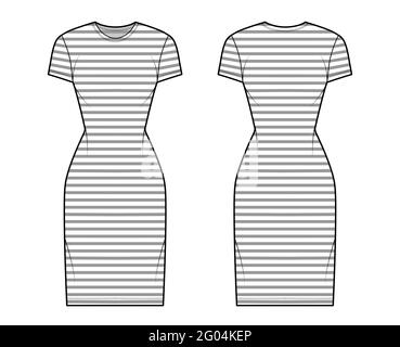 Abito marinaio illustrazione tecnica moda con strisce, maniche corte, corpo calzato, gonna a matita lunghezza ginocchio. Abbigliamento piatto, anteriore, posteriore, colore bianco. Donne, uomini unisex CAD mockup Illustrazione Vettoriale