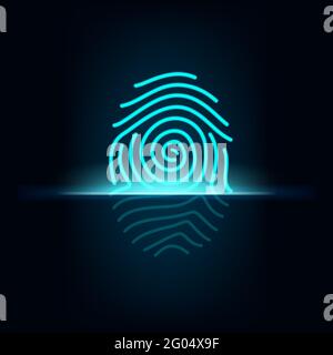 Scanner per impronte digitali, controllo dell'accesso biometrico, stampa digitale con pollice vettoriale con illuminazione al neon e riflessione su sfondo nero. Identificazione, privato Illustrazione Vettoriale