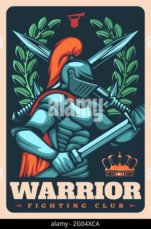 Guerriero del club di combattimento, poster retrò cavaliere medievale. Vettore soldato araldico con spada, corona e corona di alloro. Antica guardia con lama in armatura A. Illustrazione Vettoriale