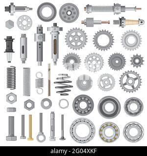 Pezzi di ricambio per macchine industriali e veicoli vettoriali. Bulloni vettoriali, dadi e ancoraggi, molle e rondelle, ruota, moto o bicicletta COG Illustrazione Vettoriale