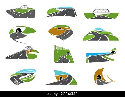 Autostrada, sentieri icone strada con ponte, crocevia e tunnel. Autostrada asfaltata, vettore che si snoda in autostrada di montagna con incrocio e curve. Illustrazione Vettoriale