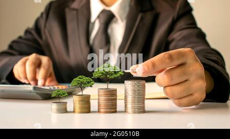Un uomo d'affari che tiene una moneta con un albero che cresce e un albero che cresce su un mucchio di soldi. L'idea di massimizzare il profitto dal business inve Foto Stock