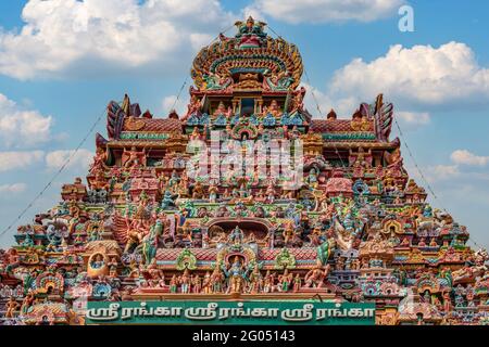 4 Gopuram meridionale, Sri Ranganathaswamy Tempio Srirangam, Trichy, Tamil Nadu, India Foto Stock