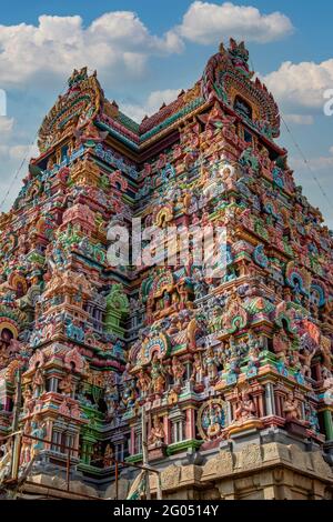 4 Gopuram meridionale, Sri Ranganathaswamy Tempio Srirangam, Trichy, Tamil Nadu, India Foto Stock