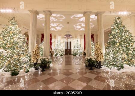 Il Grand Foyer della Casa Bianca è decorato per la stagione natalizia Domenica 1 dicembre 2019 Foto Stock