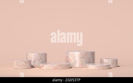 Podio sulla sabbia in marmo. Più piattaforme per mockup. Basi in pietra per l'esposizione di cosmetici. Rendering 3D. Foto Stock