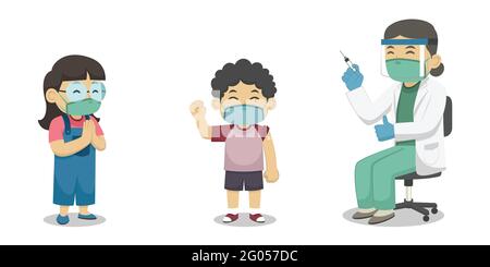 Medici e bambini indossare maschere facciali durante il processo di vaccinazione. Libro per bambini. Illustrazione vettoriale. Illustrazione Vettoriale