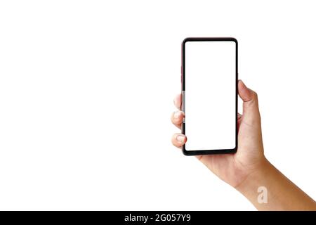 Mano che tiene il nuovo smartphone su sfondo bianco. Foto Stock