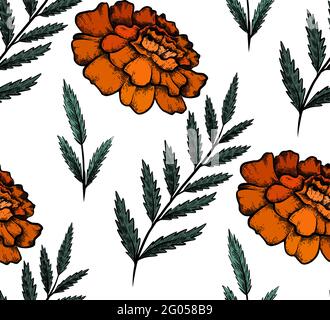 Motivo senza cuciture con colorato schizzo botanico di fiori marigold e ramo con foglie. Tessuto vettoriale con disegno floreale naturale. Tessuto con ou Illustrazione Vettoriale