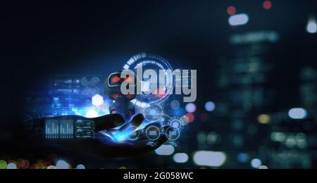 Tecnologia futuristica e concetto di business - mano umana con robot virtuale misto di realtà aumentata che utilizzano la tecnologia dell'intelligenza artificiale, c Foto Stock