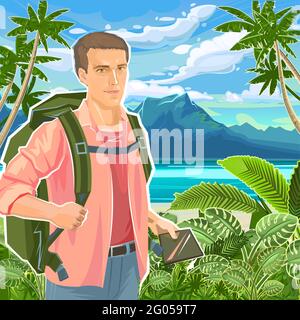 Carino ragazzo turistico con navigatore tablet. Zaino. Sullo sfondo di un bellissimo paesaggio. Baia tropicale di mare, montagne palme UN vettore uomo Illustrazione Vettoriale