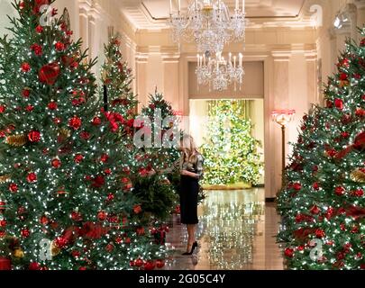 First Lady Melania Trump esamina le decorazioni natalizie domenica 29 novembre 2020, nella Sala della Croce della Casa Bianca. Foto Stock