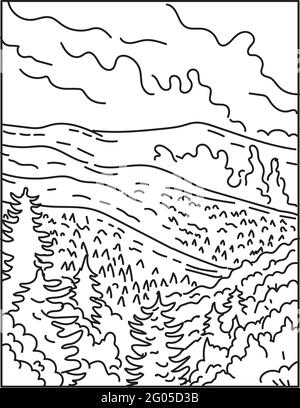 Illustrazione monolinea del Great Smoky Mountains National Park tra il confine North Carolina e Tennessee, Stati Uniti d'America fatto in retrò Illustrazione Vettoriale