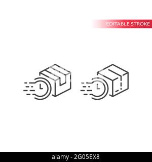 Scatola di consegna o pacco con icona della linea dell'orologio. Simbolo vettore a consegna rapida, tratto modificabile. Illustrazione Vettoriale