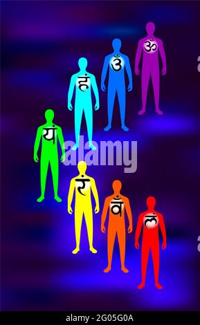 Aura, il sistema chakra. Crescita spirituale di una persona. La silhouette di una persona. Illustrazione Foto Stock