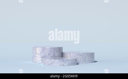 Il podio è realizzato in marmo blu. Lo sfondo è di colore pastello. Tre piattaforme per mockup. Basi in pietra per l'esposizione di cosmetici. Rendering 3D Foto Stock