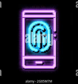 Eseguire la scansione dell'impronta digitale nell'illustrazione dell'icona a incandescenza al neon del telefono Illustrazione Vettoriale