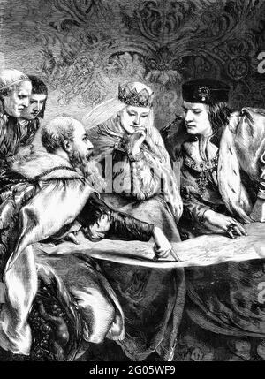 Un'illustrazione incisa di Cristoforo Colombo alla corte del re Ferdinando e della regina Isabella, da un giornale vittoriano datato 1868 che è l Foto Stock