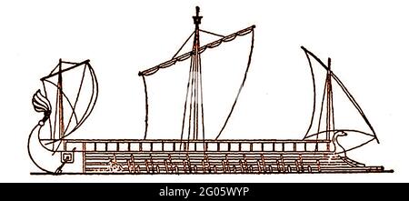 1914 artisti impressione di una trirema, una nave da guerra a tre piani con tre banchi di remi. L'antica nave era un tipo di cucina che veniva utilizzata dagli antichi marittimi mediterranei come i Fenici, gli Egiziani, i Greci e i Romani. Essi sono stati generalmente costruiti in abete, pino, o cedro (per la durata) con le tavole sono state unite insieme con giunture mortice e tennone fissate con perni di legno, gli scafi sono stati talvolta rinforzati con quercia. Anche i dispositivi di ramming di bronzo potrebbero essere attaccati alla prua. Foto Stock