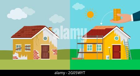 Ristrutturazione domestica e investimenti, ristrutturazione della casa prima e dopo Illustrazione Vettoriale