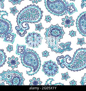 Elegante paisley blu senza cuciture, acquerello elementi di design dipinti a mano Foto Stock