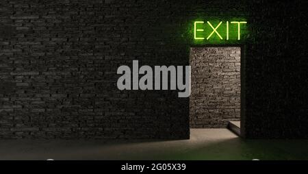 Interno sotterraneo scuro di pareti in mattoni con una porta illuminata con un cartello di USCITA al neon sopra. Spazio per il testo. rendering 3d Foto Stock