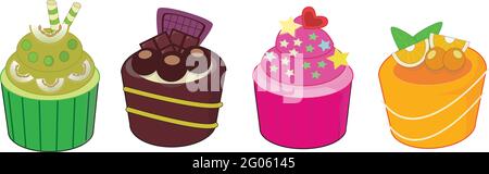 Set di cupcakes Flavour-Kiwi, cioccolato, fragola e arancio Illustrazione Vettoriale