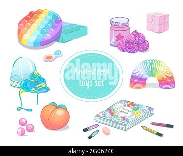 Set di popolari giocattoli antistress fidget. Ansietà-evitare gadget per adulti, bambini e ragazzi. Stile cartoon disegnato a mano, elementi vettoriali isolati Illustrazione Vettoriale