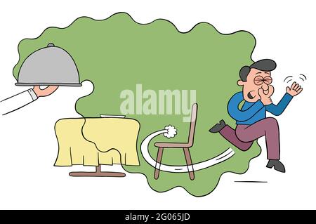 Cartoon uomo corre via dal disgustoso odore dopo che il cibo arriva nel ristorante, illustrazione vettoriale. Contorno nero e colorato. Illustrazione Vettoriale