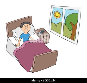 L'uomo dei cartoni animati si svegliò al mattino ma molto arrabbiato, illustrazione vettoriale. Contorno nero e colorato. Illustrazione Vettoriale