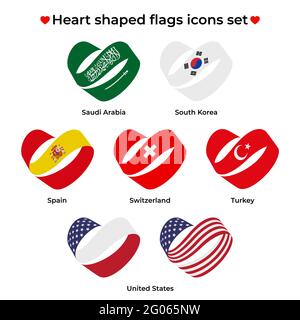 Set di icone di bandiere a forma di cuore. Flag icona da ricci nastro. Icona vettore, simbolo, pulsante. Illustrazione in stile piatto Illustrazione Vettoriale