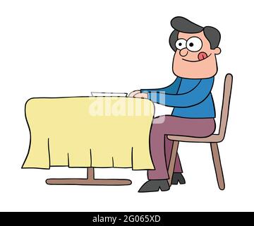 Fumetto uomo affamato al ristorante e in attesa di cena, illustrazione vettoriale. Contorno nero e colorato. Illustrazione Vettoriale