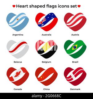 Set di icone di bandiere a forma di cuore. Flag icona da ricci nastro. Icona vettore, simbolo, pulsante. Illustrazione in stile piatto Illustrazione Vettoriale