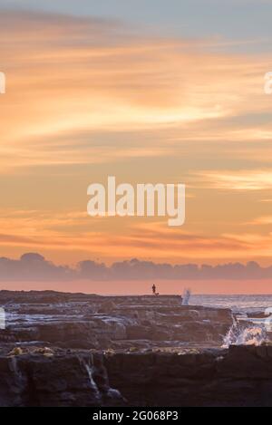 Un uomo e il suo cane dalla silhouette si trovano su una mensola di roccia poco prima dell'alba a Culburra Beach (sud) sulla costa meridionale del nuovo Galles del Sud dell'Australia Foto Stock