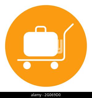 Bagagli, bagagli, valigie sul carrello piatto vettore icona glifo bianco. Cartello dell'hotel. Simbolo grafico per siti web di viaggi e turismo e applicazioni design, logo, A. Illustrazione Vettoriale