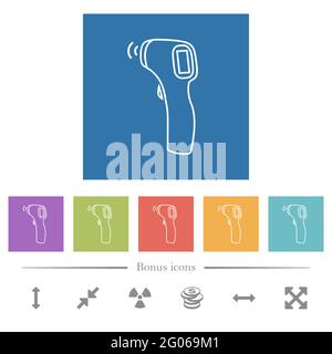 Termometro senza contatto icone bianche piatte su sfondo quadrato. 6 icone bonus incluse. Illustrazione Vettoriale
