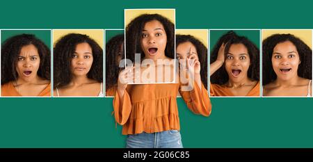 Una giovane donna africana che tiene foto con diverse emozioni isolate su sfondo verde. Concetto di espressioni facciali. Foto Stock