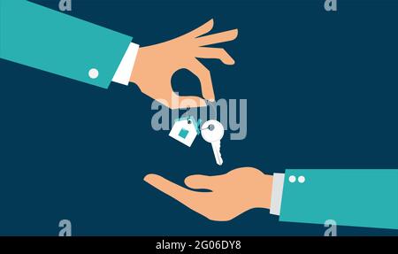 Vector concetto immobiliare in stile appartamento - mani che danno chiavi - vendere casa Illustrazione Vettoriale