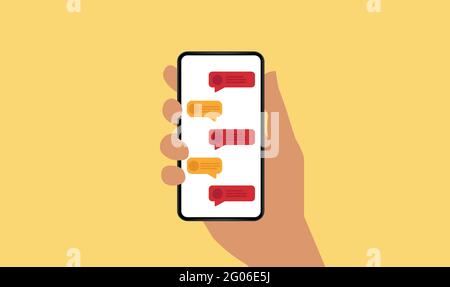 Tenere lo smartphone con le bolle di testo sullo schermo. Illustrazione Vettoriale