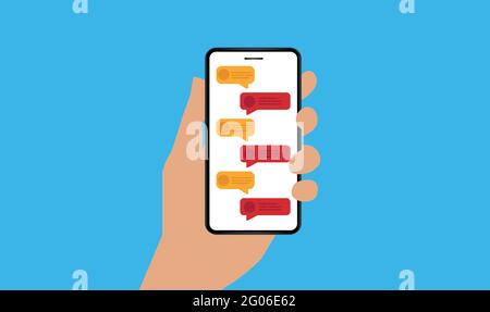 Tenere a mano il telefono cellulare con bolle di testo sullo schermo. Illustrazione Vettoriale