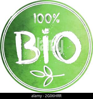 Acquerello verde 100% Bio etichetta o timbro, illustrazione vettoriale rotonda Illustrazione Vettoriale