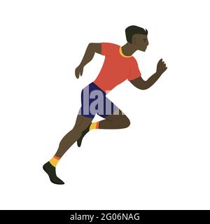 L'uomo runner africano corre ad alta velocità, l'atleta sta partecipando a una gara. Vista laterale. Giorno di esecuzione. Vettore colorato isolato illustrazione in too Illustrazione Vettoriale