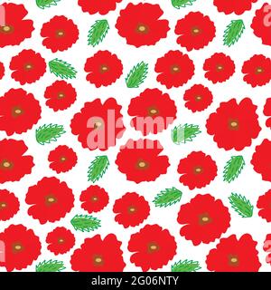 Motivo senza cuciture con fiori di papaveri rossi e boccioli verdi. Illustrazione vettoriale disegnata a mano. Pianta botanica su sfondo bianco. Avvolgimento, stampa o fab Illustrazione Vettoriale